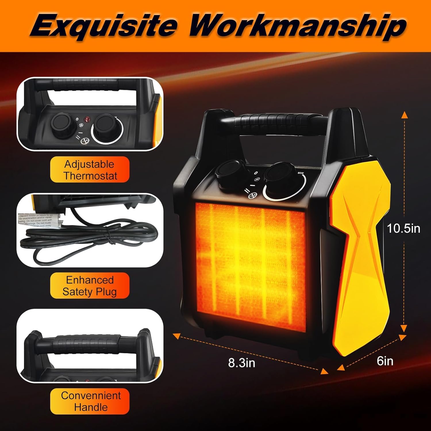 Image showing the heater from a side angle, highlighting the adjustable thermostat, enhanced safety plug, and convenient handle, along with dimensions.