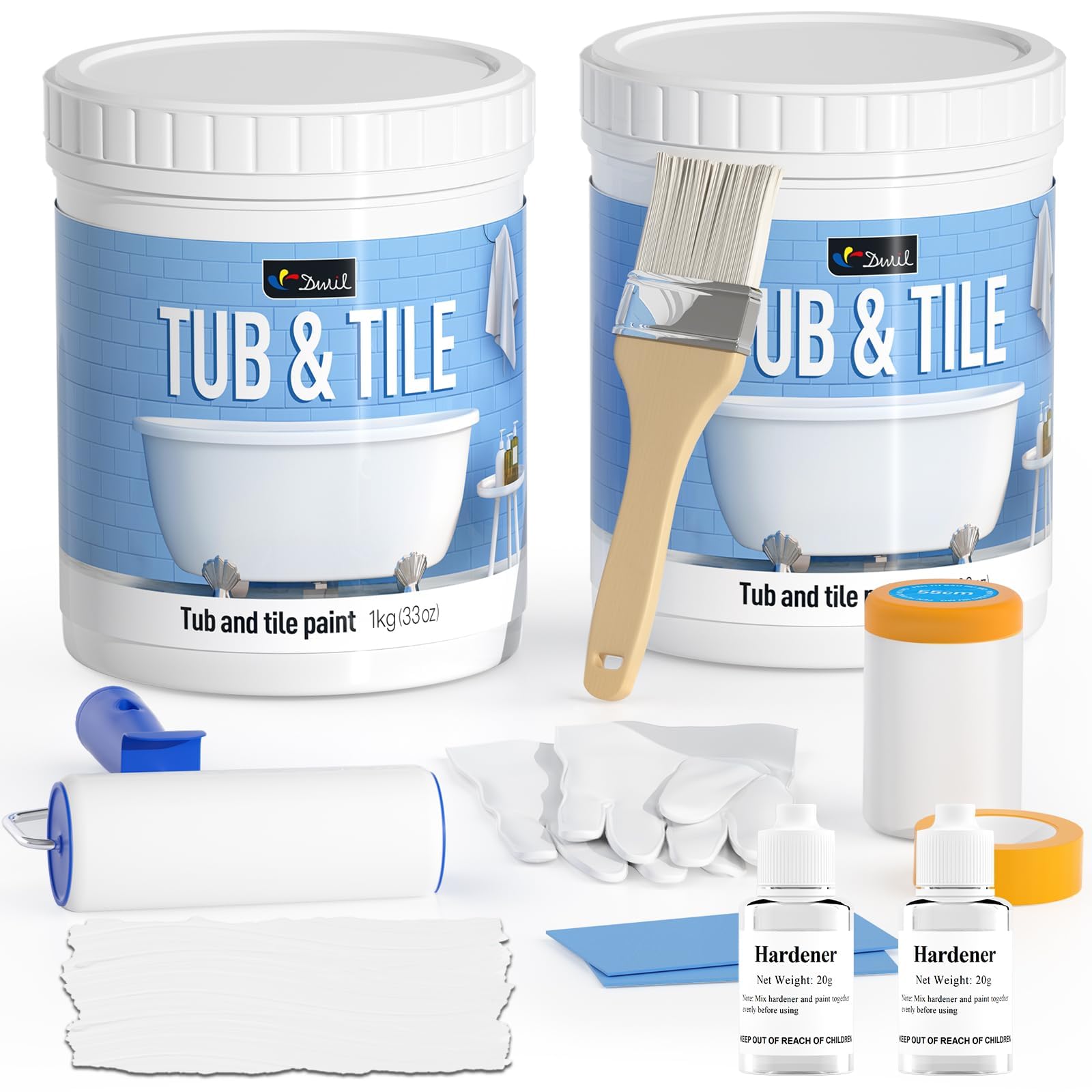 DWIL Tub Paint, Tub and Tile Refinishing Kit with Tools, Tile Refinishing Kit White Bathtub Paint Water Based &amp;Low Odor, Easy to Use Sink for Bathroom Kitchen, Semi-Gloss White, 50-55sq.ft-2 Pack