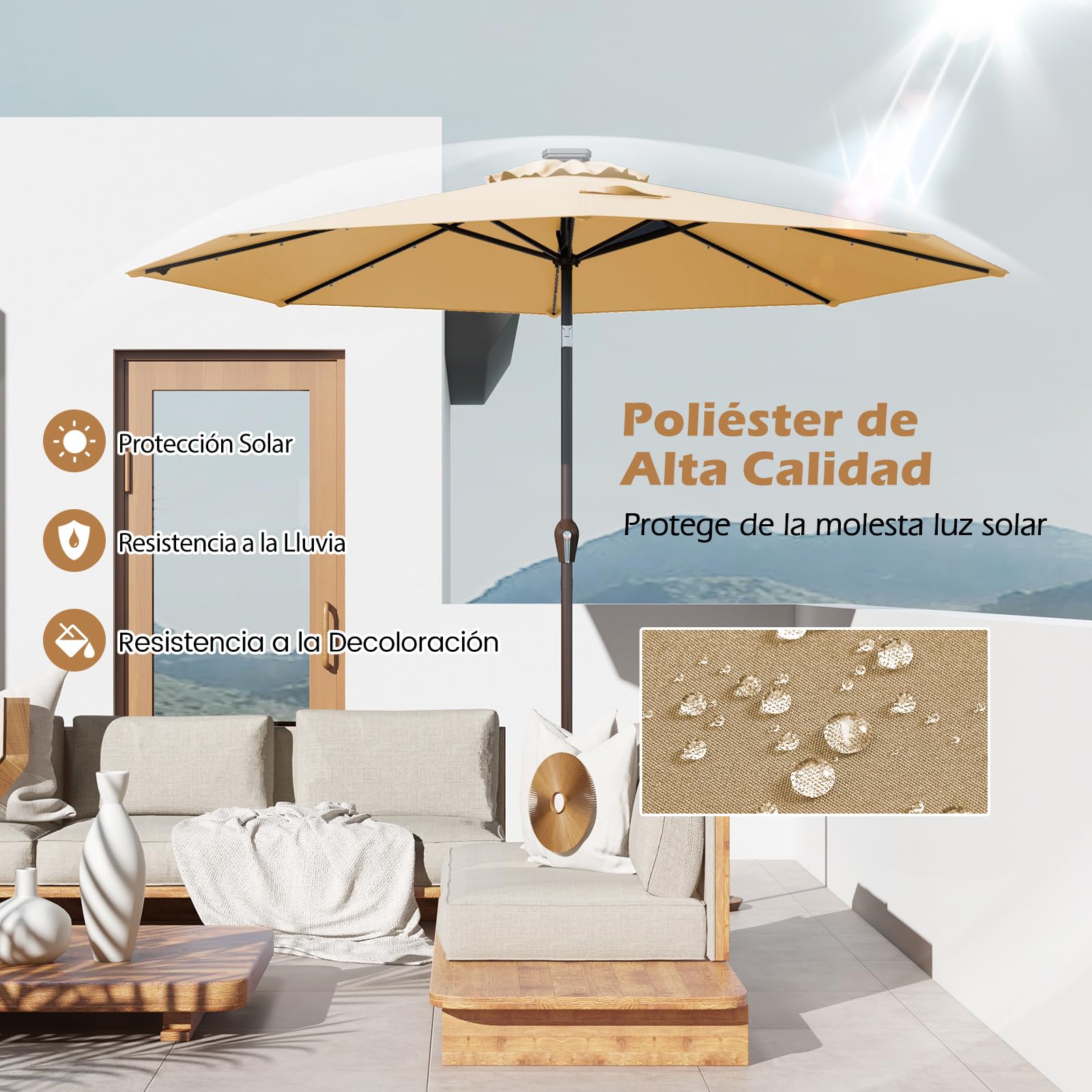 COSTWAY Ø300 cm Sombrilla Terraza Exterior, Parasol Terraza Exterior Plegable con 24 Luces LED Solar, Manivela y 8 Varillas de Metal, Protección UV, Impermeable, para Terraza, Beige