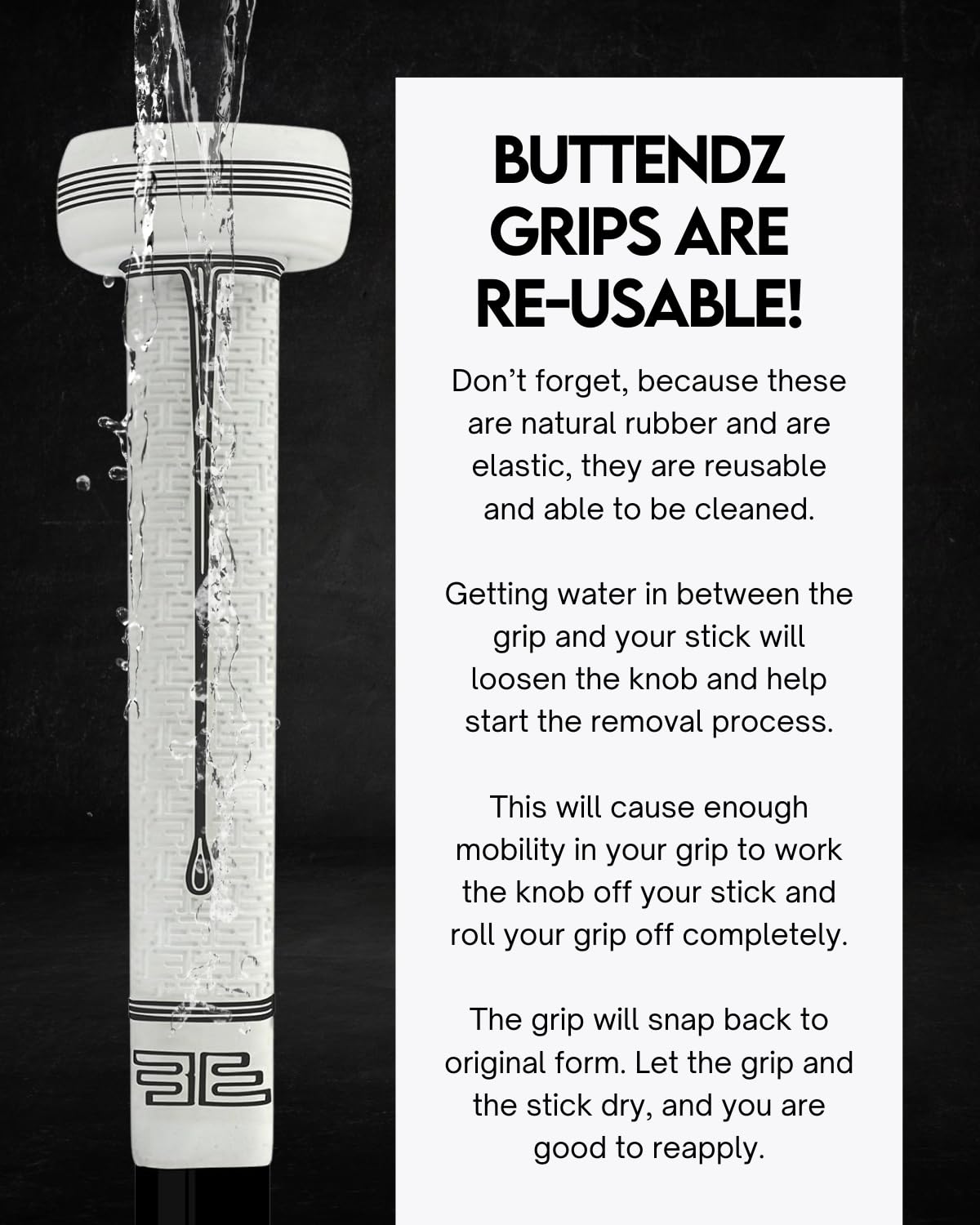 Buttendz Sentry Empuñadura de Repuesto para Palo de Hockey de Portero - Control de Precisión con Perilla Sobredimensionada, Textura Mejorada (Blanco con Goteo Negro)