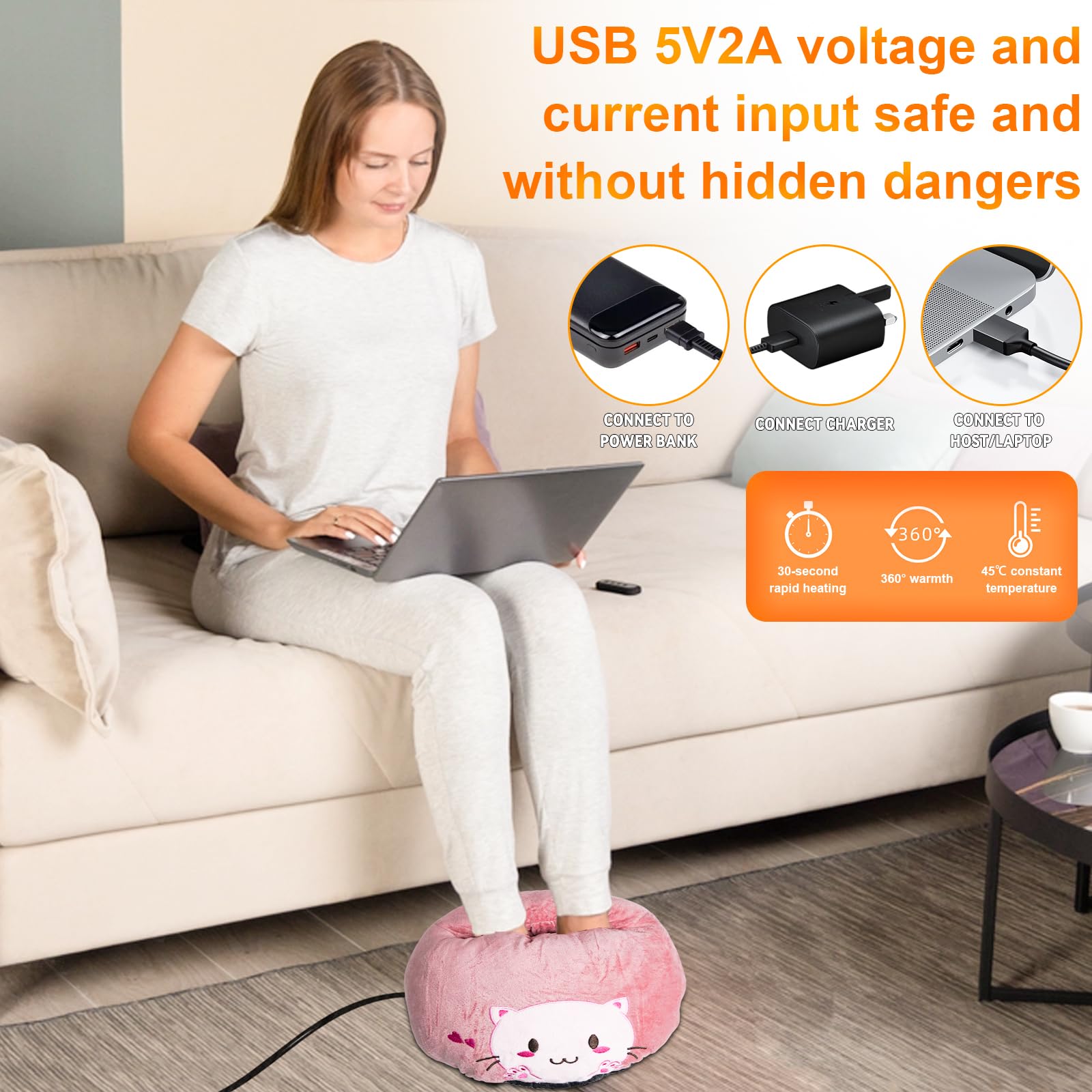 ZONSUSE Calentador de Pies con Diseño de Gato, Calentador Pies Eléctrico 5V 2A USB, Calentadores de Pies de Peluche con Animales, Desmontable y Lavable a Máquina,Regalo para Novia, Chica (Gatito)