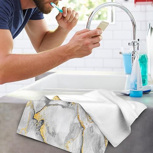 Miniatura 6 de Juego de 2 toallas de mano decorativas de mármol negro dorado para decoración de baño, toallas de mano suaves y absorbentes para baño, cocina,