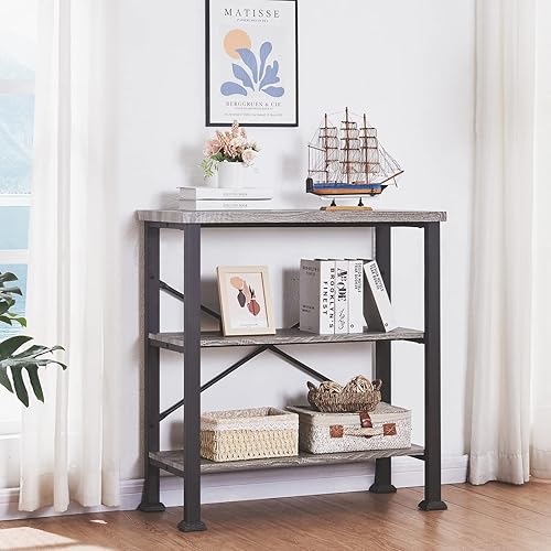 Miniatura 3 de HOMBAZAAR Estantería de 3 Niveles, Estante de Libros Industrial Gris, Estanterías Profundas de Madera Diseñada y Metal, Librero de Estantería Baja