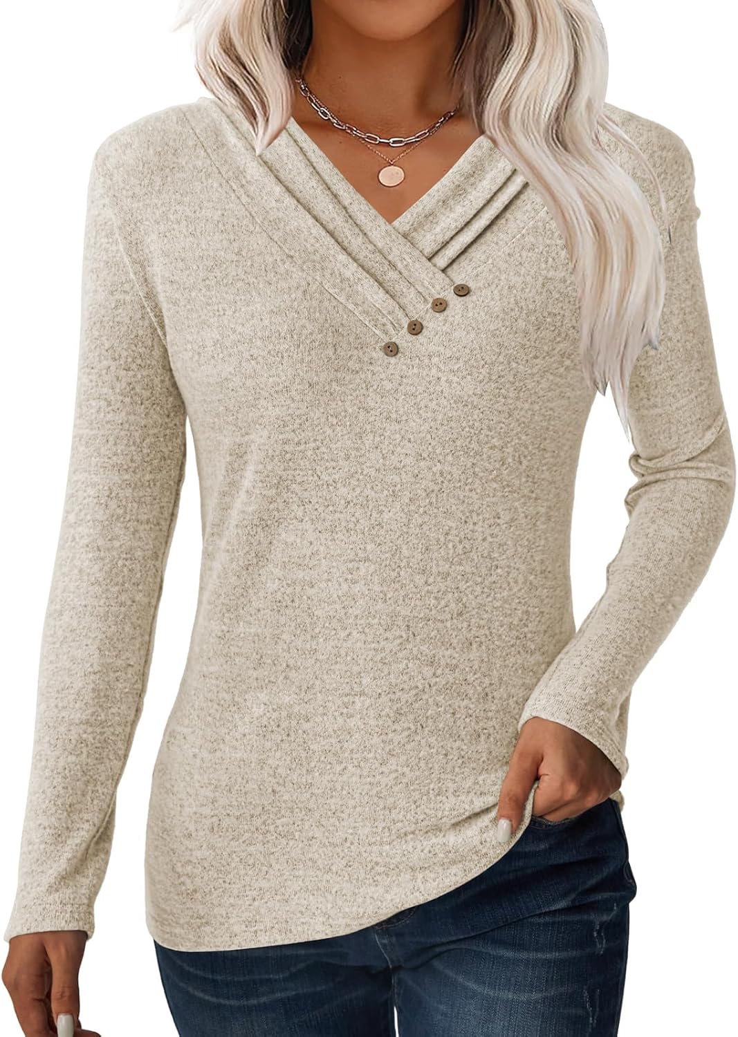 Women Long Sleeve Tunic Tops for Leggings V Neck Button Loose T Shirts 2025 Fall Dressy Casual Blouse Sweatshirt Sweater