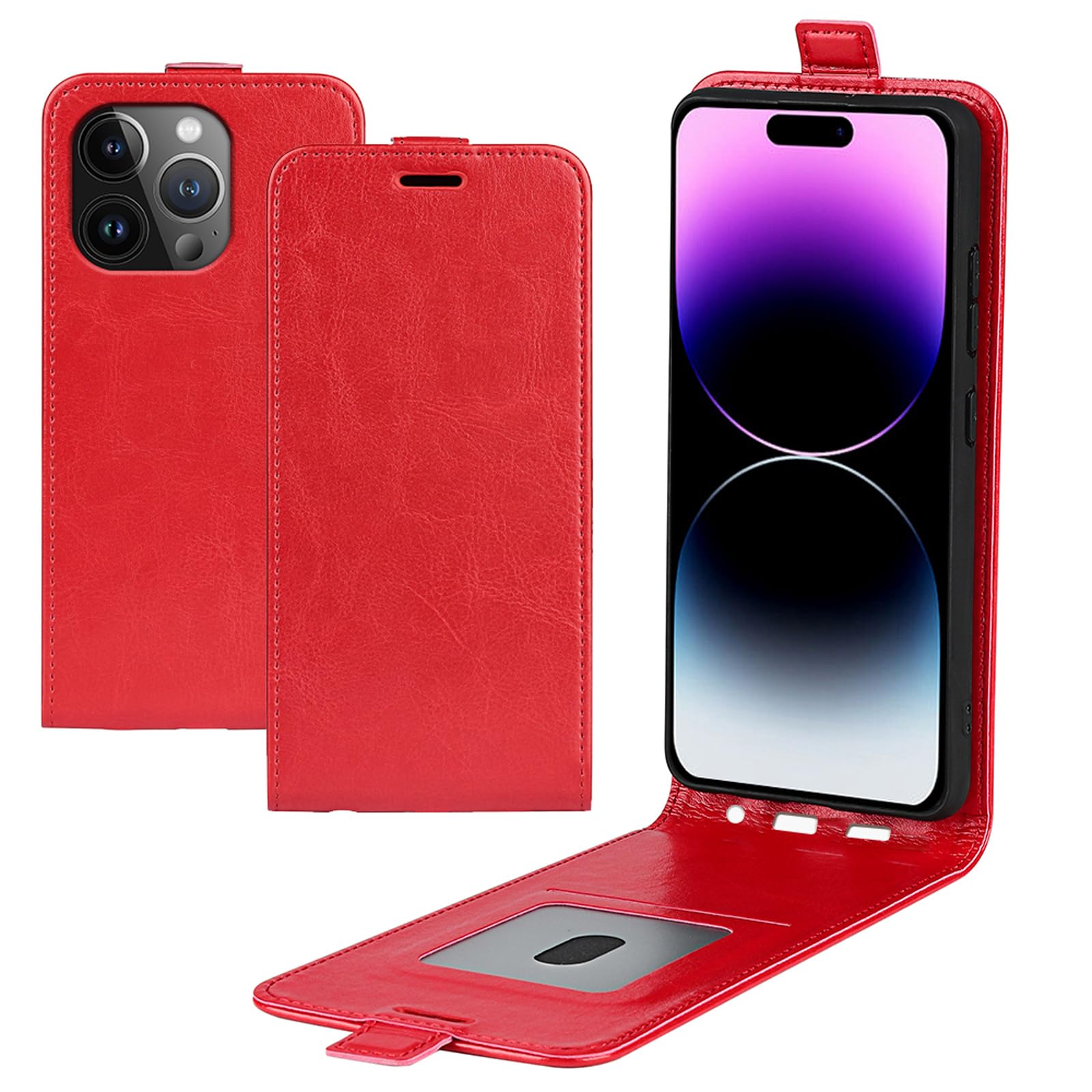 Leder Flip Case Mit Magnet Für IPhone 15 - PU Leder, Standfunktion, Kartenfächer (rot)