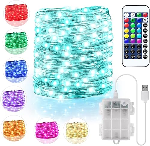 Miniatura 1 de Guirnalda de 120 luces LED de 39.4 pies, funciona con pilas, 6 paquetes de 6.56 pies, 16 colores, guirnalda de luces con control remoto, luces