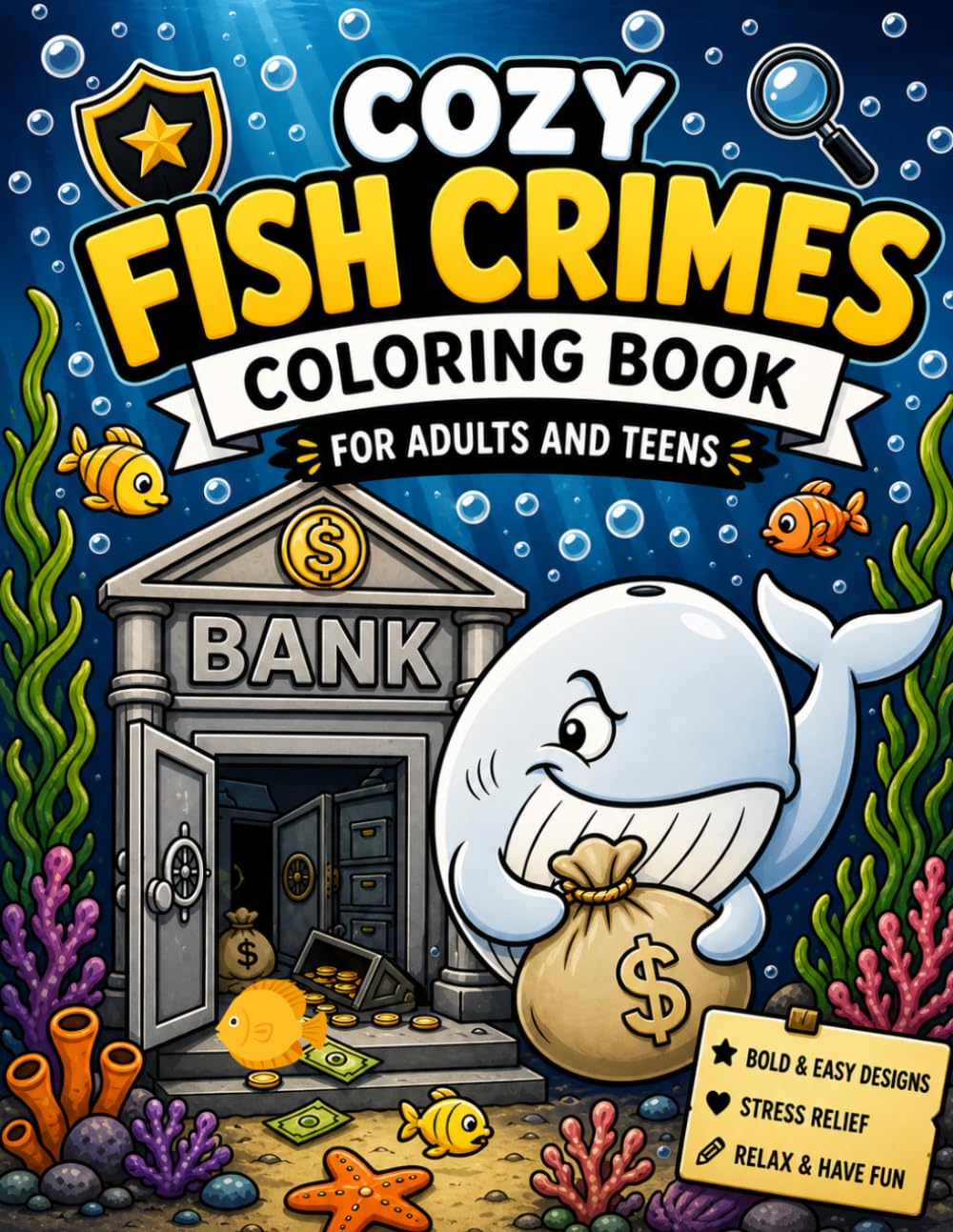 Cozy Fish Crimes: A Bold and Easy Stress Relief Coloring Book for Adults Featuring Fun Underwater Crime Scenes, Detective Adventures, and Relaxing Ocean Illustrations
