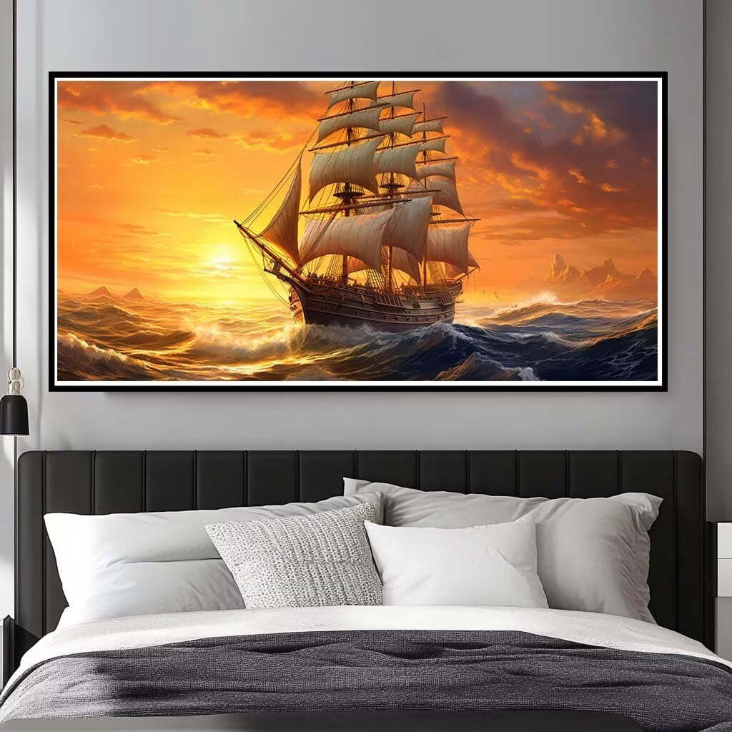 Wangllpgy Round Diamond Diamond Painting Kits For Adults Large, 5D Diy Sailboat Diamond Art Kits Adults Large Dimond Art Sunset Crystal Cross Stitch Rhinestone Embroidery Kit Gem Arts Crafts 70X40cm/27.6X15.7 Inch (Wl523)