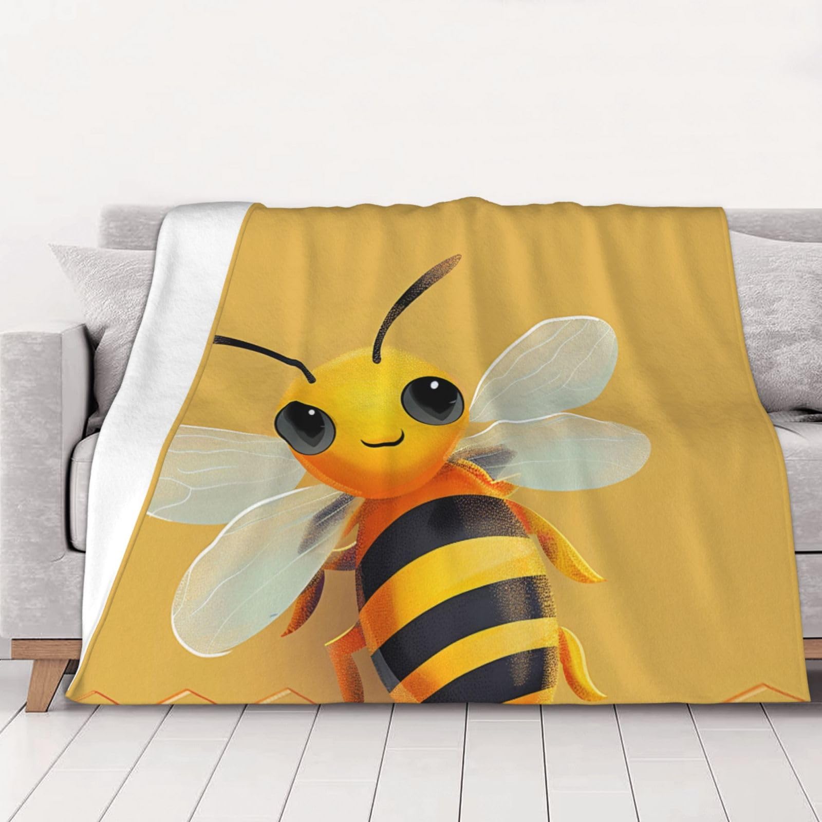 AUBKFELD Yellow Cute Animal Bee Printed Flannel Blanket 200x150 CM, Soft & Warm Throw Blanket for Sofa/Couch/Bed/Car, Gifts for Audlts Women Men