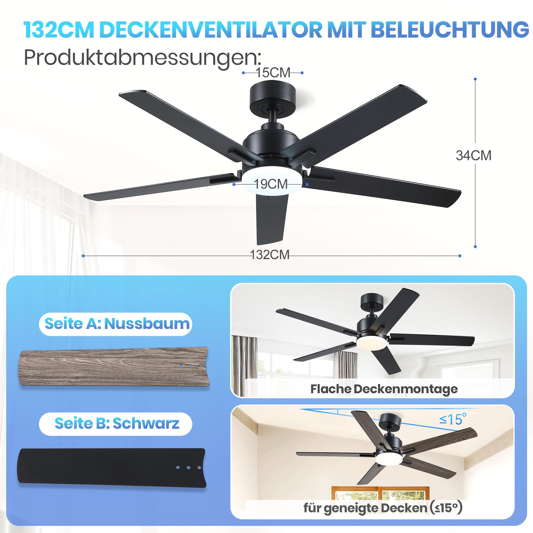 Deckenventilator mit Beleuchtung 132cm, Fernbedienung und APP, 5 Flügel, Leise DC Motor, Timer, Schwarz