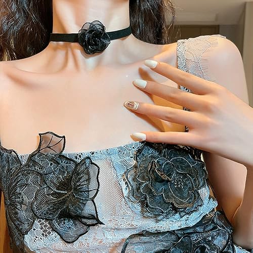Miniatura 5 de JWICOS Gargantilla negra para mujer, collar de flores para mujer, gargantilla de ante de terciopelo suave y sexy, accesorios para mujer
