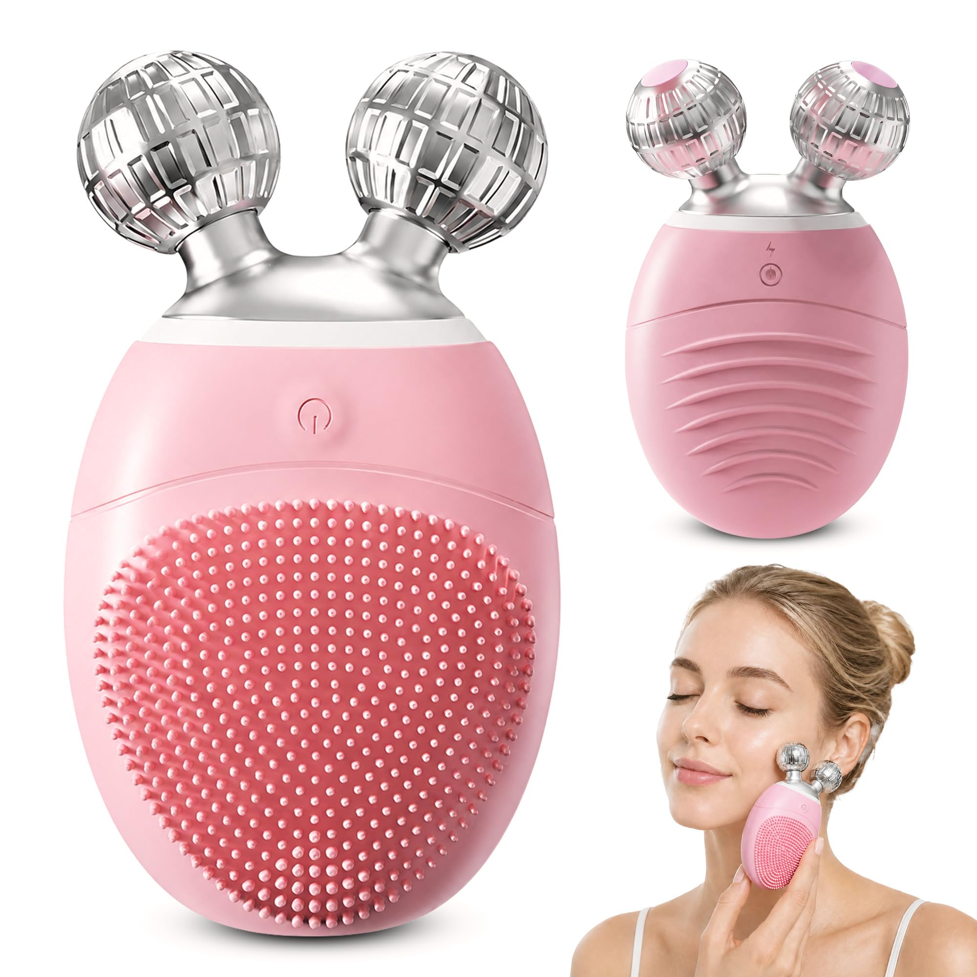 HAMINOS Cepillo Limpiador Facial Eléctrico 3 en 1, Masajeador Facial de Silicona con V-Roller, 5 Modos Sónicos, Impermeable Recargable, para Limpieza Facial, Lifting y Cuidado de la Piel