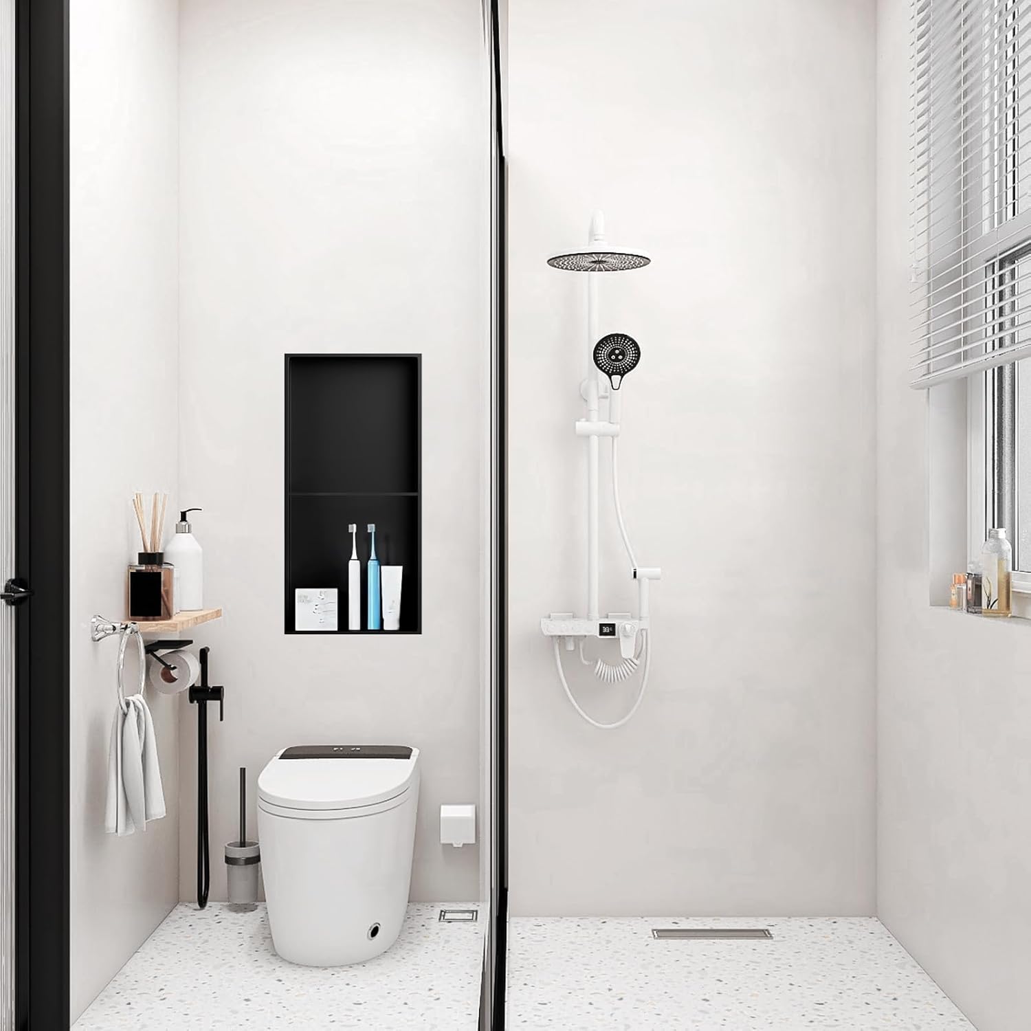 Black Shower Niche Stainless Steel Wall Niche 9" X 25" No Tile Needed Double Tier Recessed Niches Shower Insert for Bathroom Storage Shelf, Living Room, Kitchen