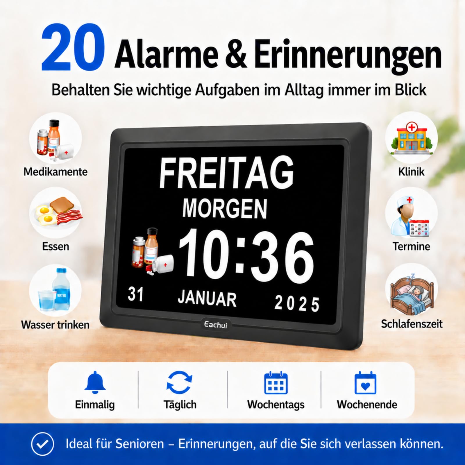 Eachui Digitaler Demenz Uhr Großes Display für Senioren,Plug in(7 Zoll) | Datum Tag der Woche Kalender Uhr 20 Erinnerungen 3 Klingeltöne 10 Stufen Lautstärke, Auto DST
