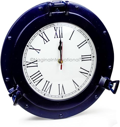 Nagina International Ojo de buey náutico de color azul de aluminio Decoración de pared marítima (17 pulgadas, reloj)