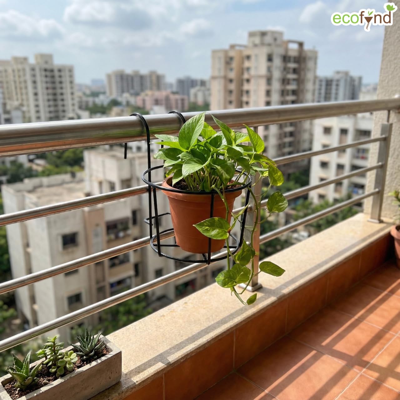 ecofynd Gamla Lot de 1 support rond en métal à suspendre pour pot de fleurs pour balustrade, articles de décoration pour balcon et intérieur (noir, PS028)