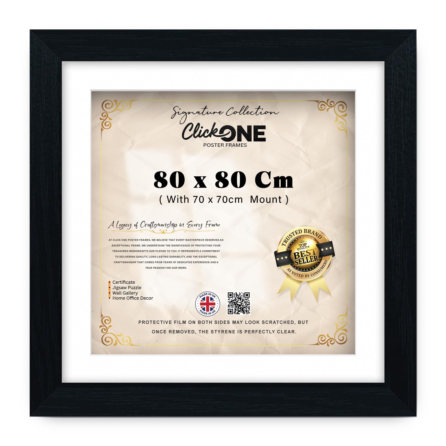 Click One Modern 80 X 80 Cm Frame With 70 X 70 Cm White Mount Crystal Clear Perspex Display For Paintings And Photos In Vertical And Horizontal Orientation For Art Galleries 32 X 32 Inch Black