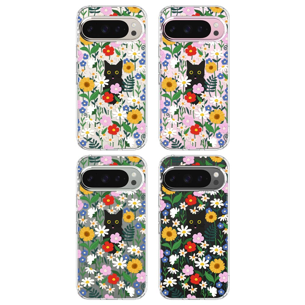 MOSNOVO Case for Google Pixel 9 & Pixel 9 Pro, [Buffertech 6.6ft Military-Grade Drop Protection] [Anti Peel Off Tech] Clear TPU Bumper Phone Case Cover Design - Black Cat in Garden - 5