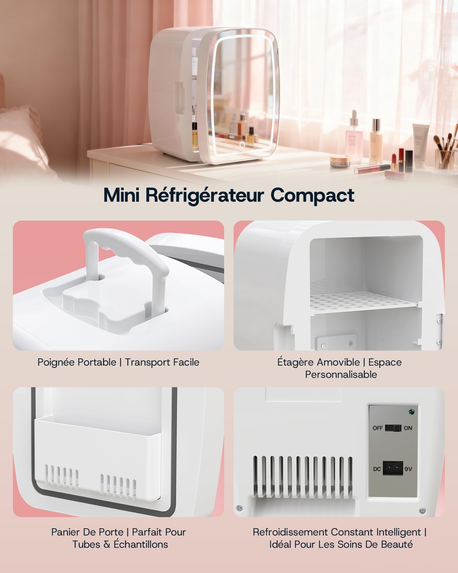 Upstreman TF06 PRO Mini Frigo Cosmetique 6L avec Miroir, Éclairage LED 3 Intensités, 35 dB Silencieux Portable