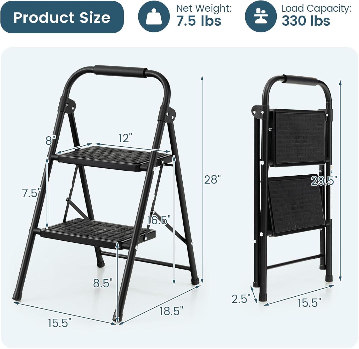 Nightcore 2 Step Ladder, Folding Step Stool w/Padded Handgrip & Wide Anti-Slip Pedal, Lightweight Portable Metal Tool Ladder, 330 LBS Capacity, Multi-Use Sturdy Ladder for Kitchen & Household