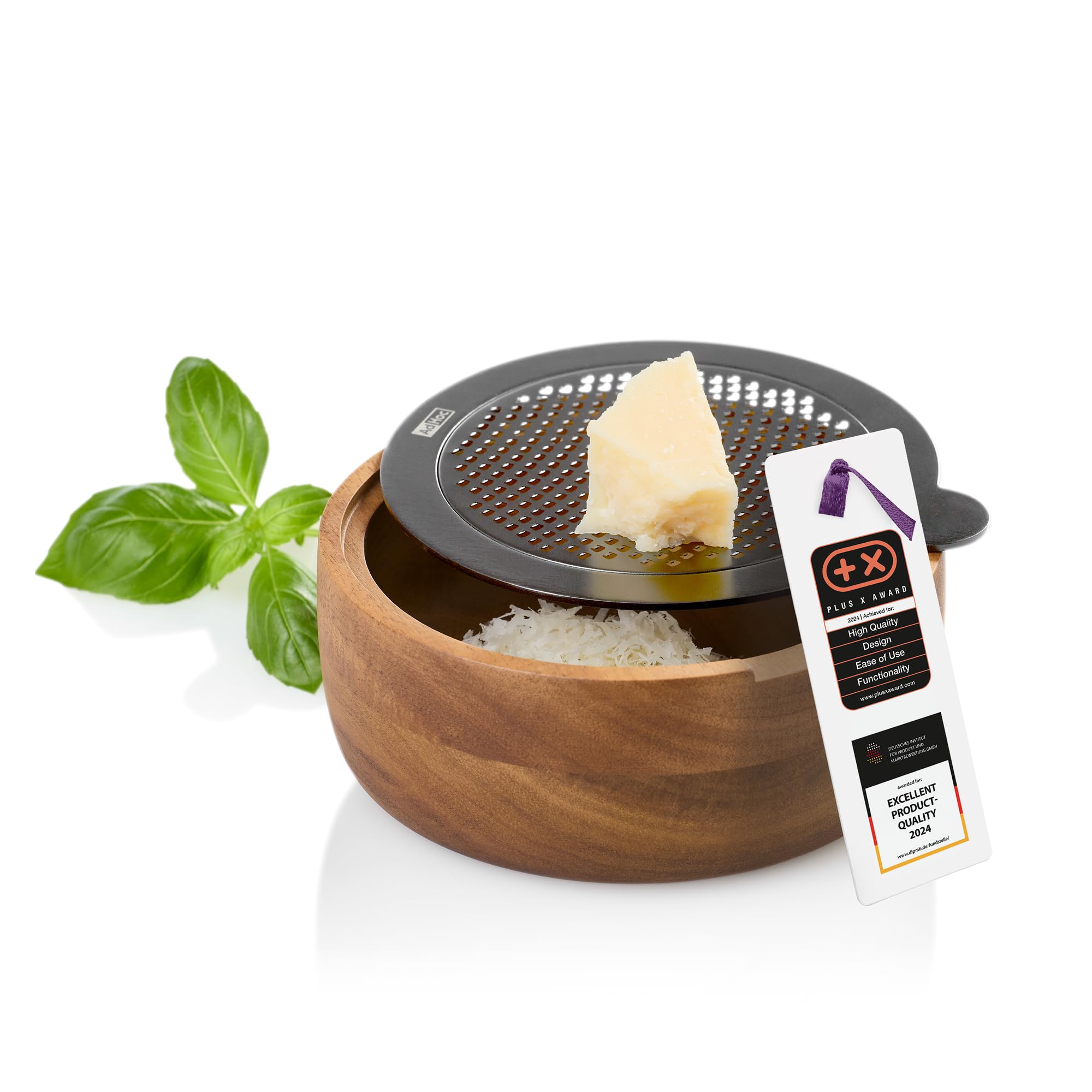 AdHoc CutnServe Râpe fine à fromage avec récipient, noir | Lame inox PreciseGrate pour parmesan, fromage à pâte dure, chocolat, noix et épices, récipient en bois d’acacia