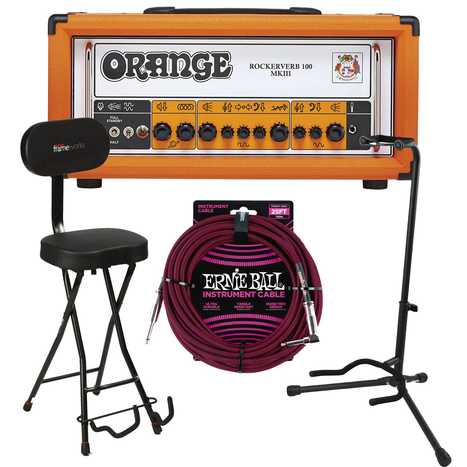 Orange Rockerverb 100 MKIII 2-Channel Tube Head (Orange), Gator Stand, Gator Seat, EBall PO6062 Bundle
