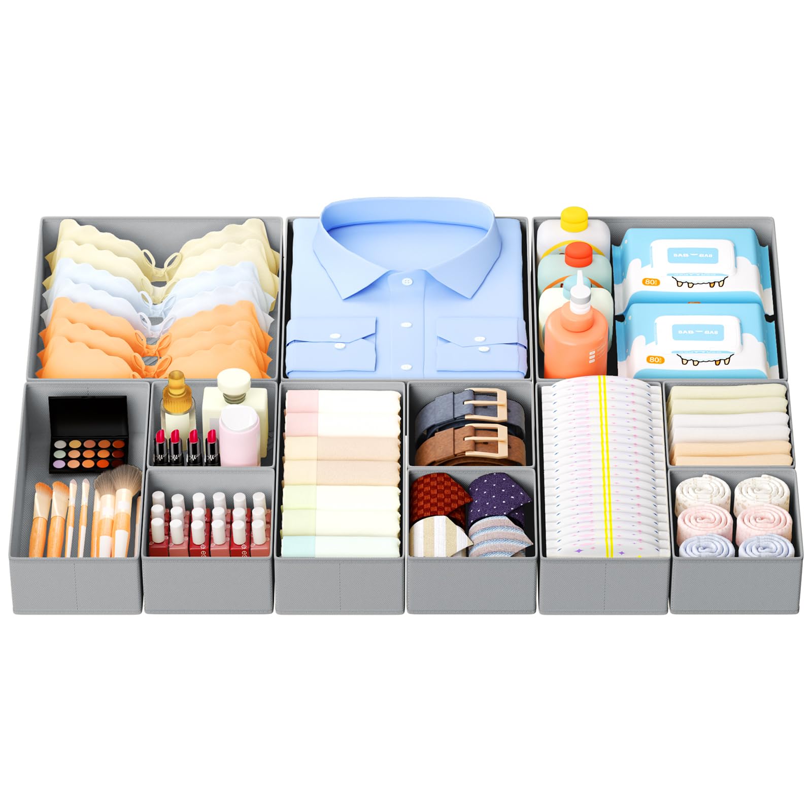 Organizador de Cajones Ropa Interior - Juego de 12 Cajas de Almacenaje Plegables de Tela No Tejida, Gris Claro