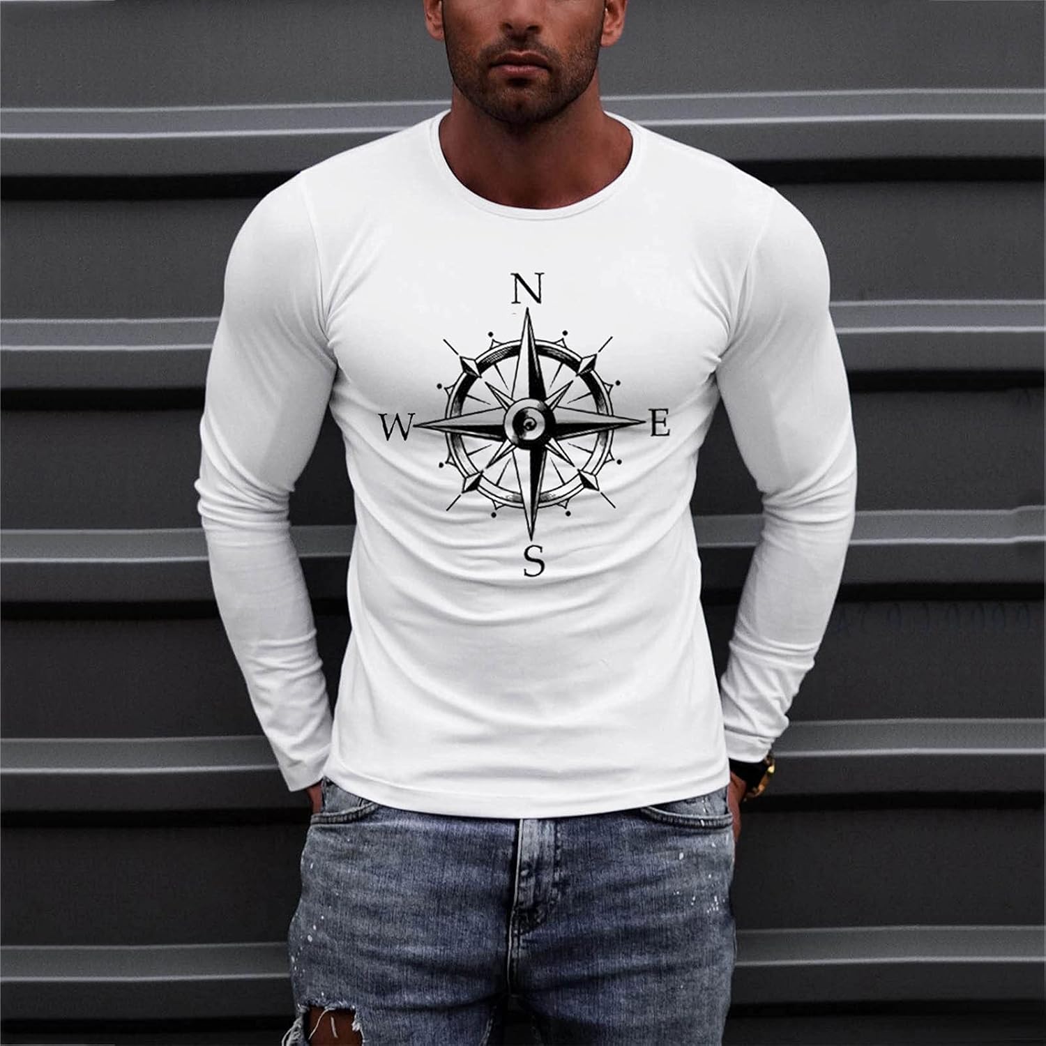 Mens Nautical Compass T-Shirt Casual Long Sleeve Graphic Print