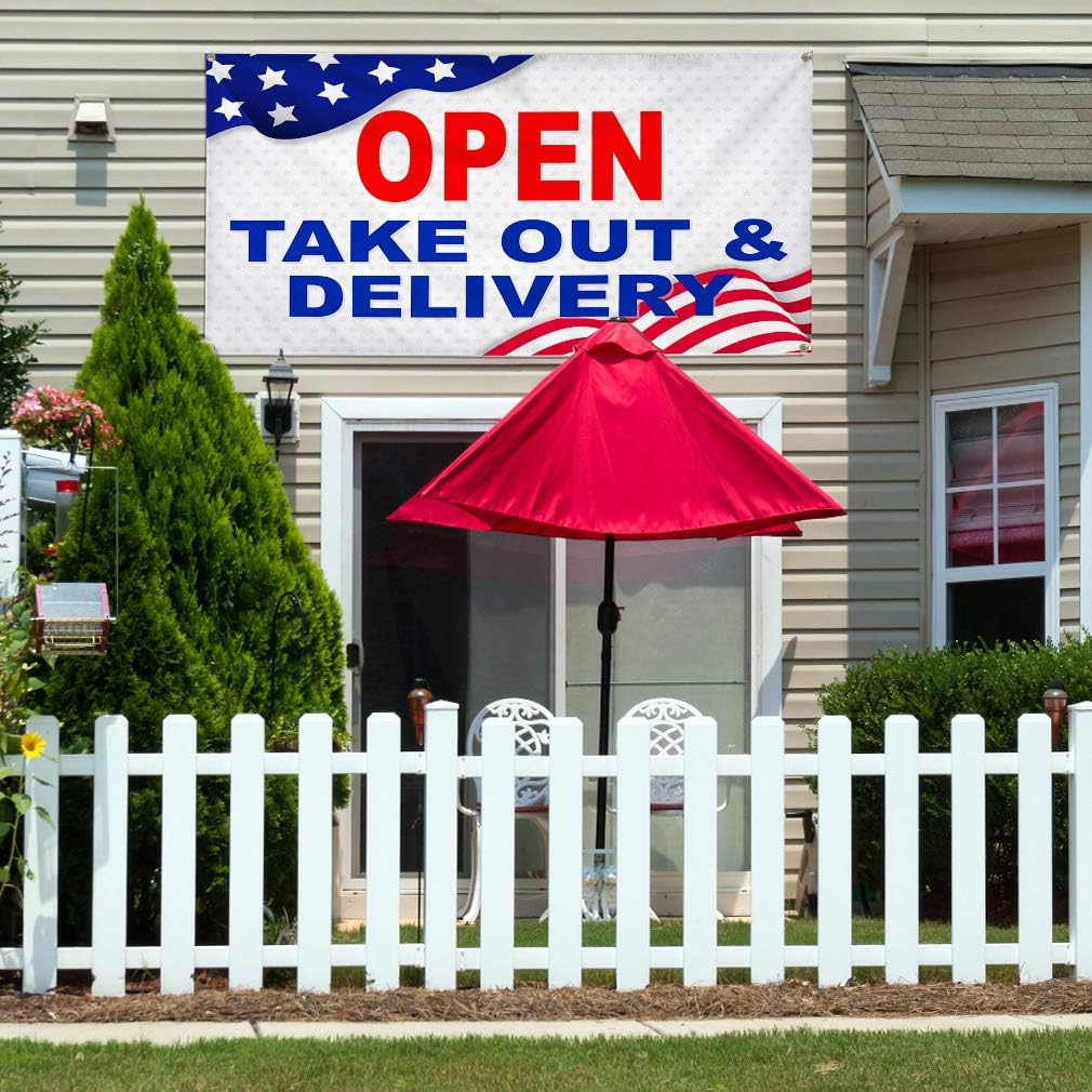 Vinyl Banner Multiple Sizes Open Take-Out & Delivery Cafe Restaurant Grocery Liquor American Flag Business Outdoor Weatherproof Industrial Yard Signs 4 Grommets 24x36Inches