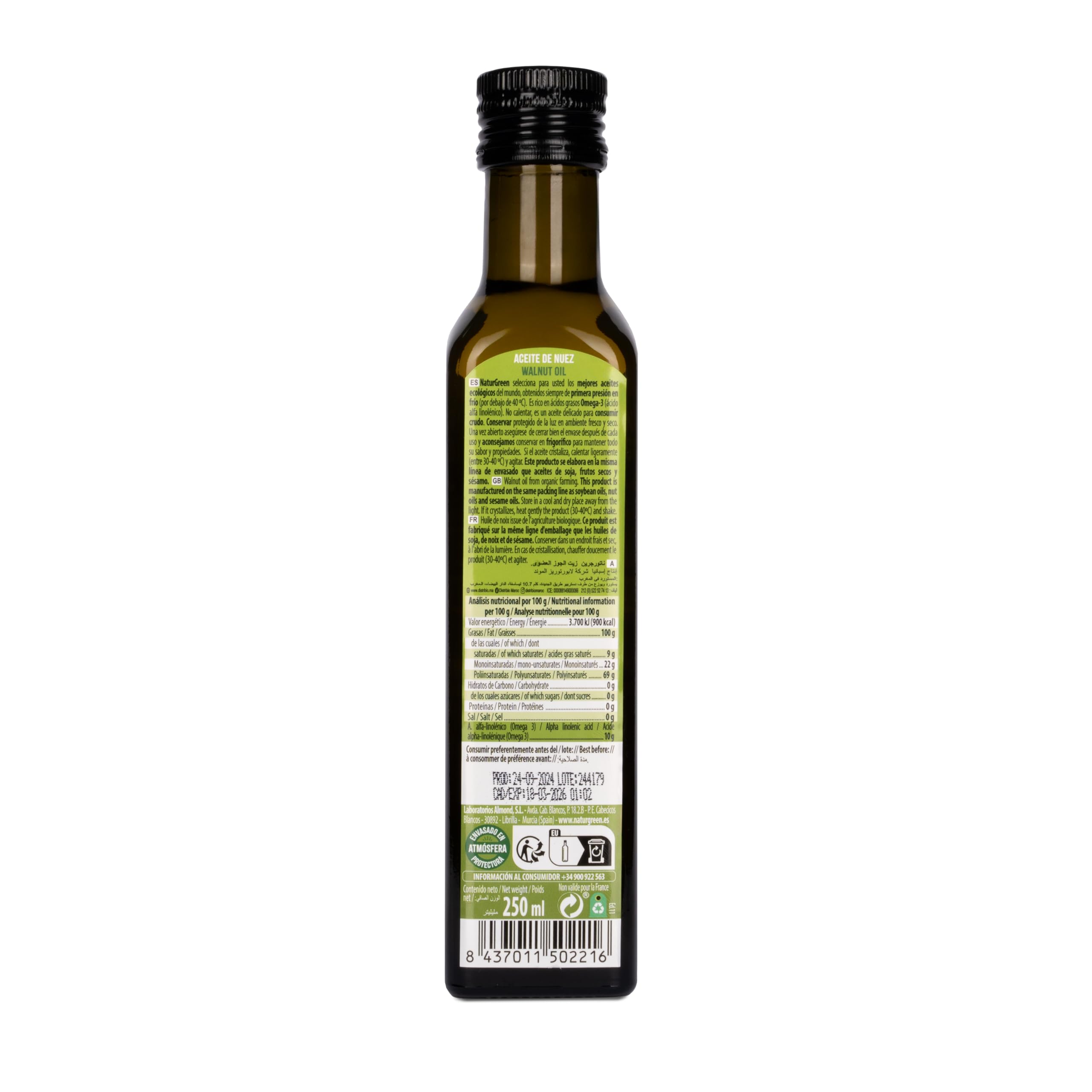 NaturGreen - Aceite de Nuez Bio, Pack 6 x 250 ml, Aceite Vegetal Ecológico Primera Presión en Frío, Rico en Omega 3 y 6, Ideal para Ensaladas, Cocina Saludable y Vegana