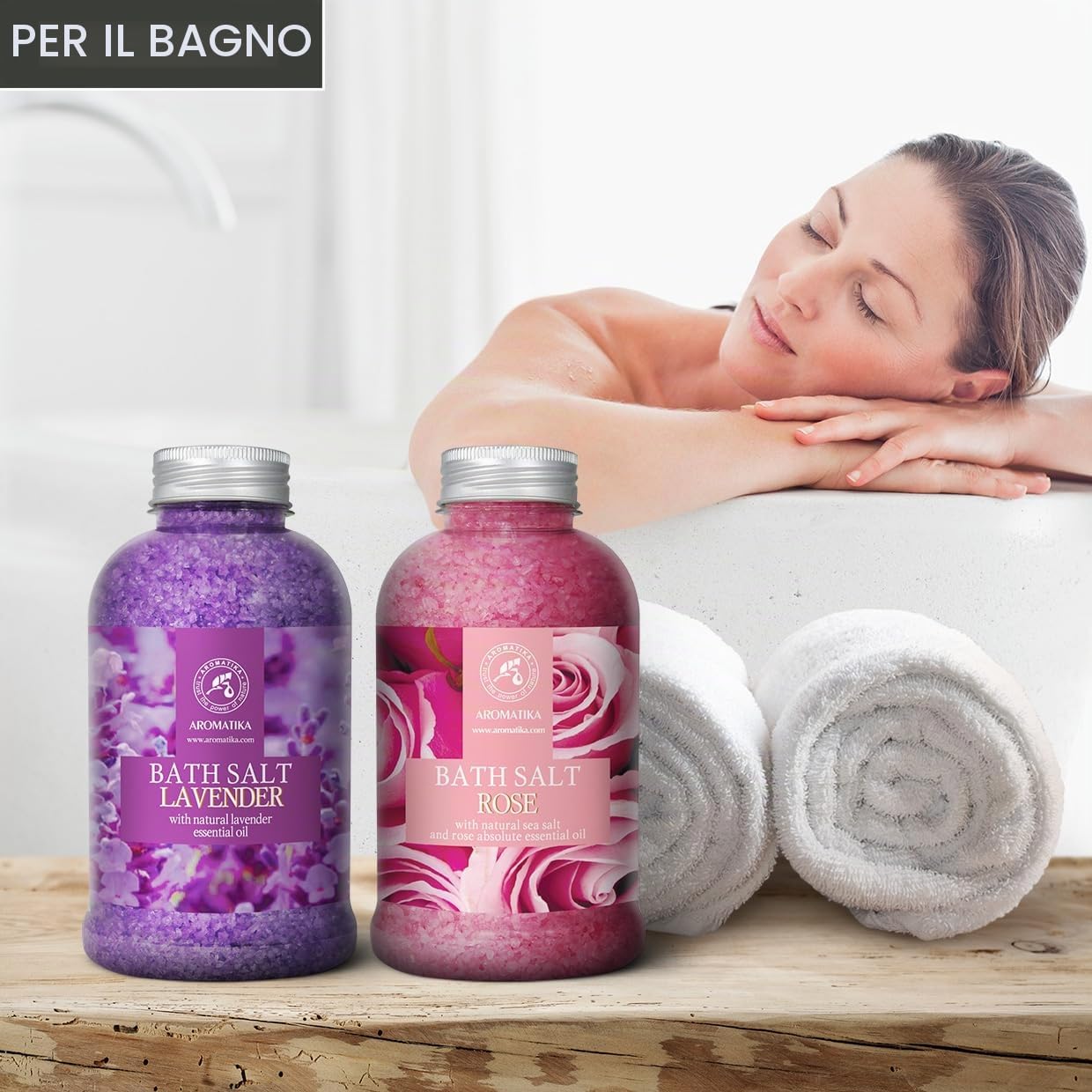 Sali da Bagno Set Lavanda & Rosa 2х600g - Sale Marino con Olio Essenziale di Lavanda - con Olio Essenziale Assoluto di Rosa - Cura del Corpo - Rilassamento - Bellezza - Aromaterapia