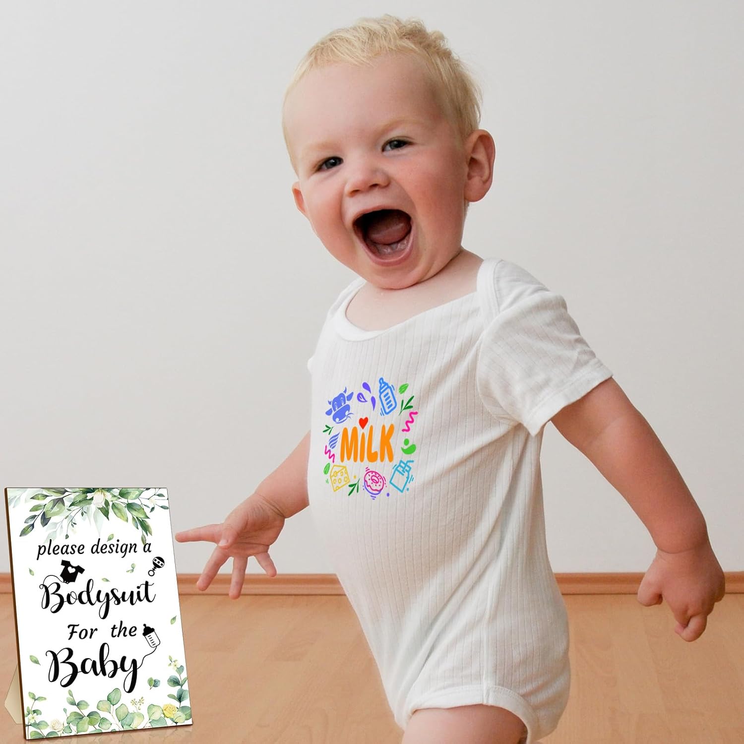Chuarry 43 Pcs DIY Baby Bibs Decorating Kit 8 Bodysuits 8 Pcs 2 Ply White Bibs 10 Fabric Markers 16 Stencils Baby Shower Sign (Greenery)