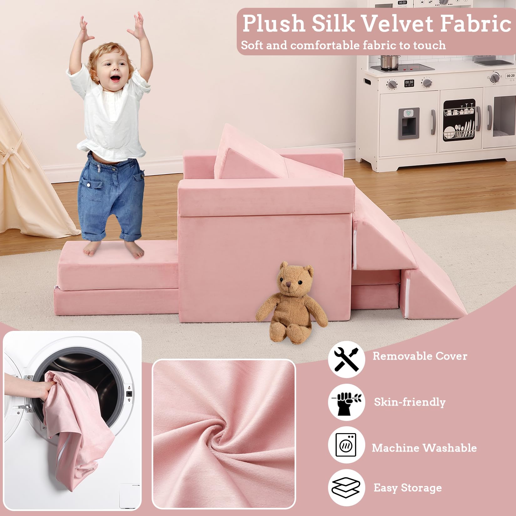 Garvee Canapé de Jeu Évolutif pour Enfants 12 Pièces, Piscine à Balles Carrée et Toboggan, Meuble en Mousse pour Construire des Cabanes, Jeu Créatif, Motricité, Salle de Jeux, Rose