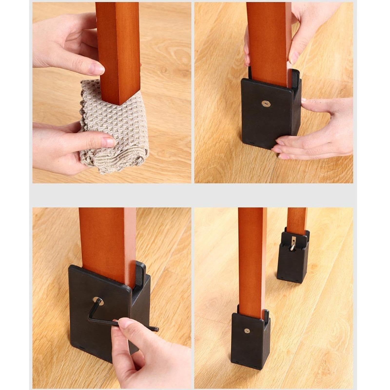 4 Elevadores de Cama Ajustables para Muebles con Diseño Antideslizante Y Abrazadera de Tornillo para Sofá, Negro, Altura 100mm