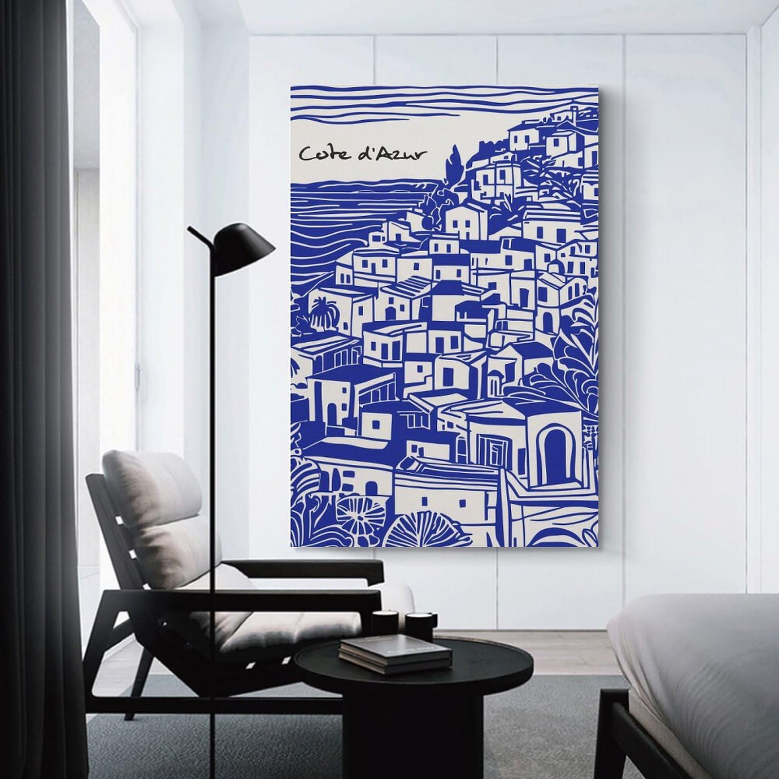 Junmoney Unframe-Style-6-1 Côte Dazur Coastal Village Illustration Wall Art Print, 24X36inch(60X90cm), For Sofa Walls, Lounge Or Home Corners, Canvas Styling For A Polished Room Look