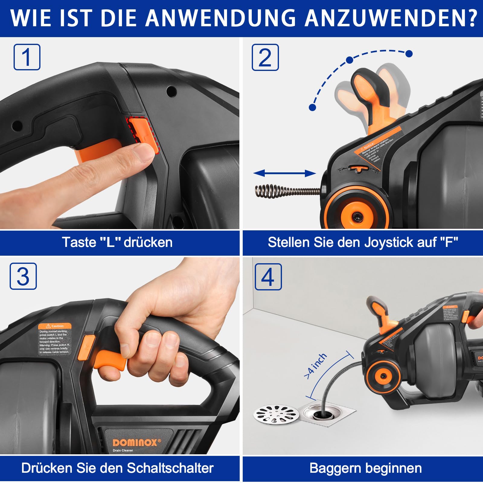 18V Akku-Rohrreiniger mit 7,6m Reinigungsspirale, Abflussreiniger Spirale für 18-65mm Rohrverstopfungen (Kommt mit Batterie und Ladegerät bei Lieferung)