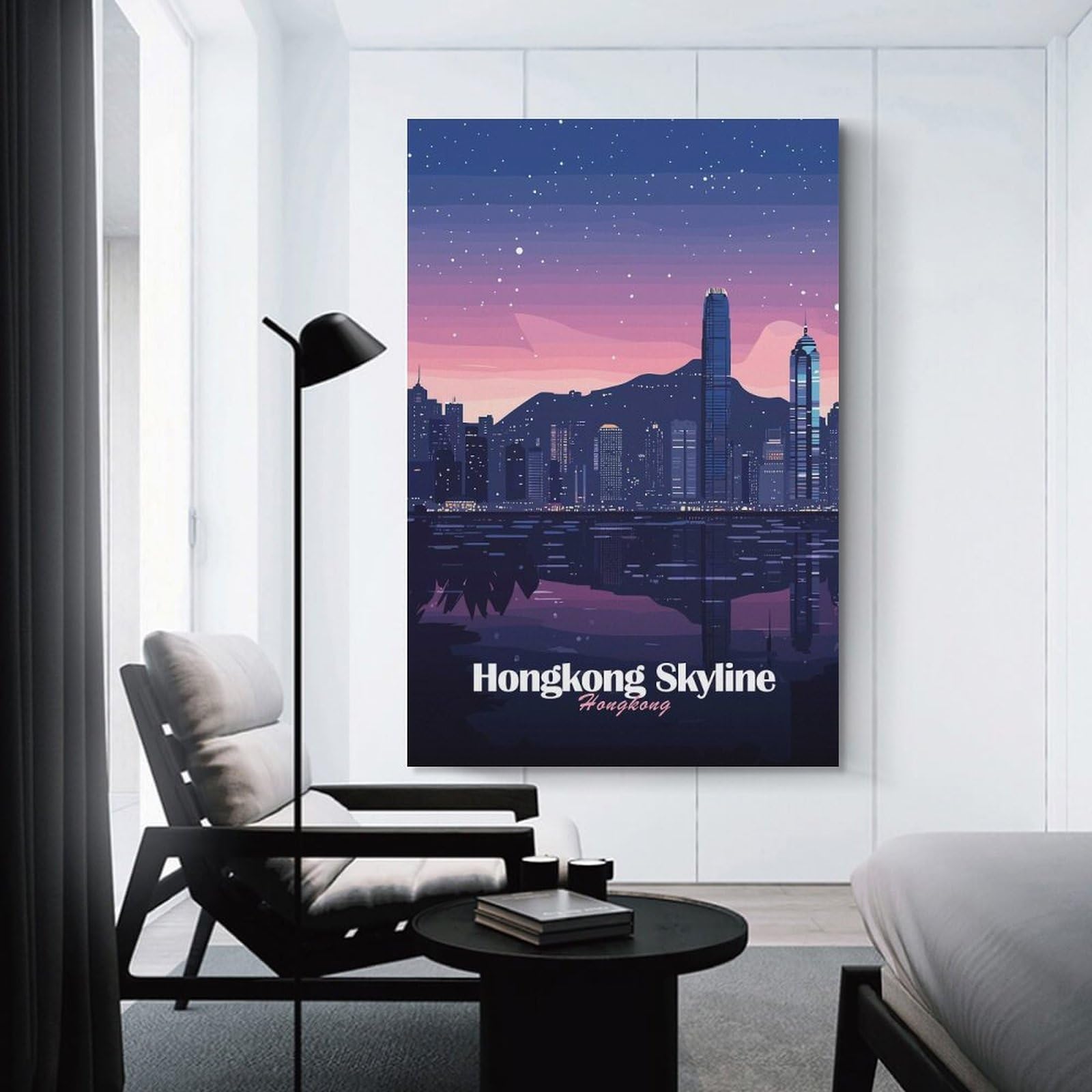 Junmoney Unframe-Style-23-1 Hong Kong Skyline Night Room Decor Wall Art 08X12inch(20X30cm), For Entrance Walls, Hall Decor Or Foyers, A Neat Decor Update For Hallways