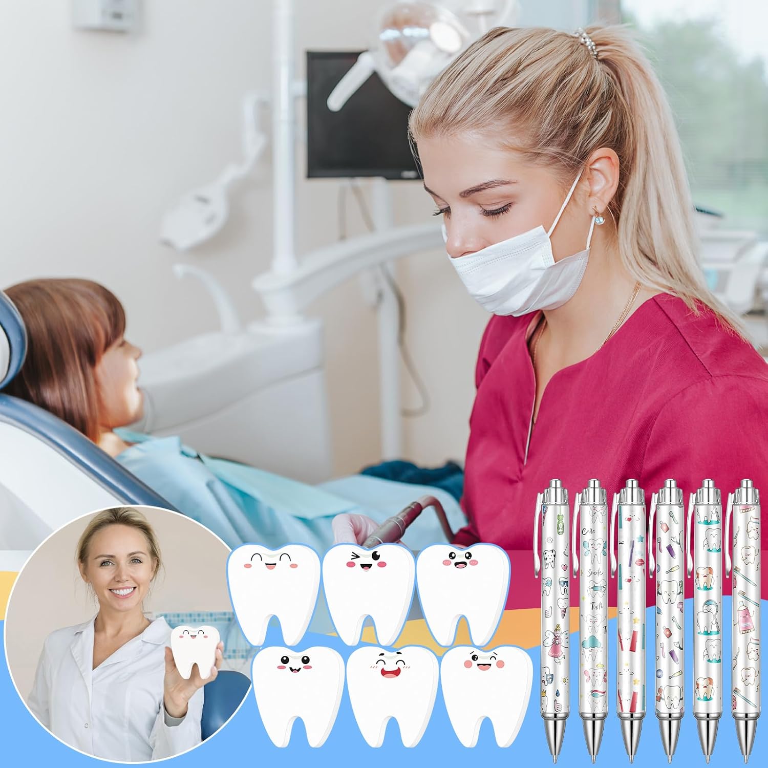 11 Pcs Dental Assistant Notepads with Pens Cute Self Stick Notes Pens Christmas Gifts Set for Lover Sticky Notes Ballpoint Bulk for Traveler Birthday Christmas Party Gifts(White)