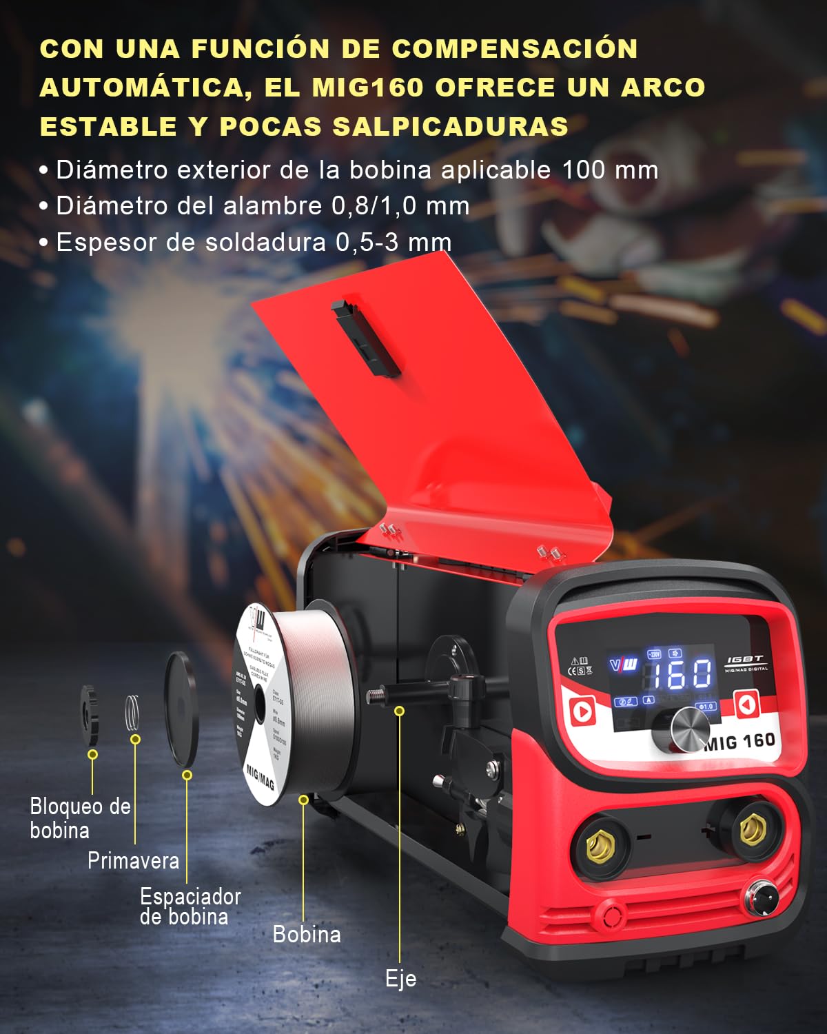 VECTOR WELDING Soldador Hilo Continuo Sin Gas 160 A, Soldadora Mig Mag Portátil con Pantalla LED, Soldador de Hilo sin Gas MIG/MMA para Principiantes, IGBT MIG 160A Set