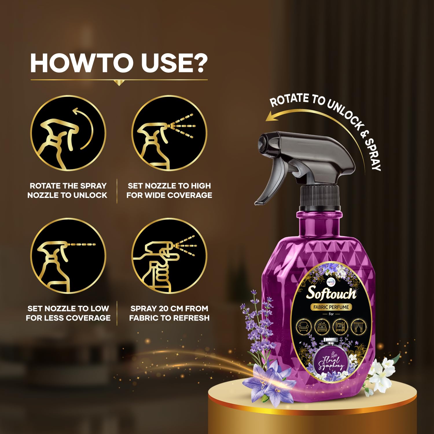 Softouch Fabric perfume Spray Floral Symphony 370 ml| Instant frgarance| Eliminates odours on Clothes, Curtains, Sofa, Cushions, Carpets, Bedding - Image 8 thumbnail