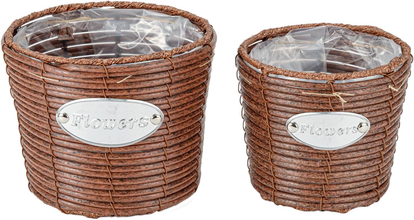 THY COLLECTIBLES Set of 2 Woven Wicker Planter Baskets with Plastic Lining, Multipurpose Indoor or Outdoor Storage for Plants, Flowers, Toys Rustic Farmhouse (Brown)