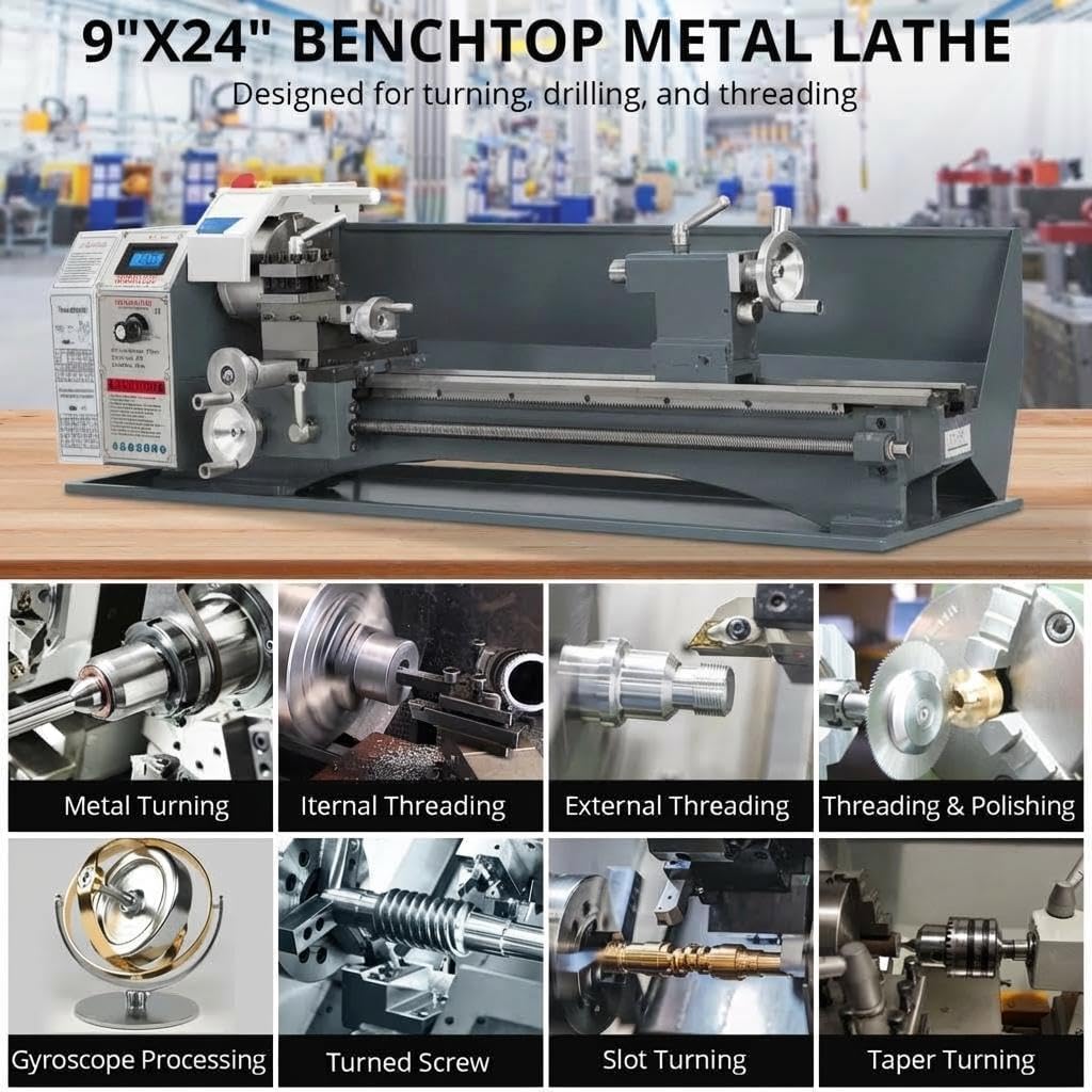 Mini Metal Lathe 9x24 Inch – 1100w Powerful Motor, 0-3000 RPM Variable Speed, Precision Benchtop Lathe with 3-Jaw Chuck, Metal Gears & Accessory Tool Kit