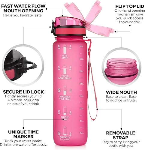 Miniatura 4 de Botella de agua de plástico Tritan sin BPA de 32 onzas con rastreador de tiempo, boquilla rosa, fácil hidratación para todos