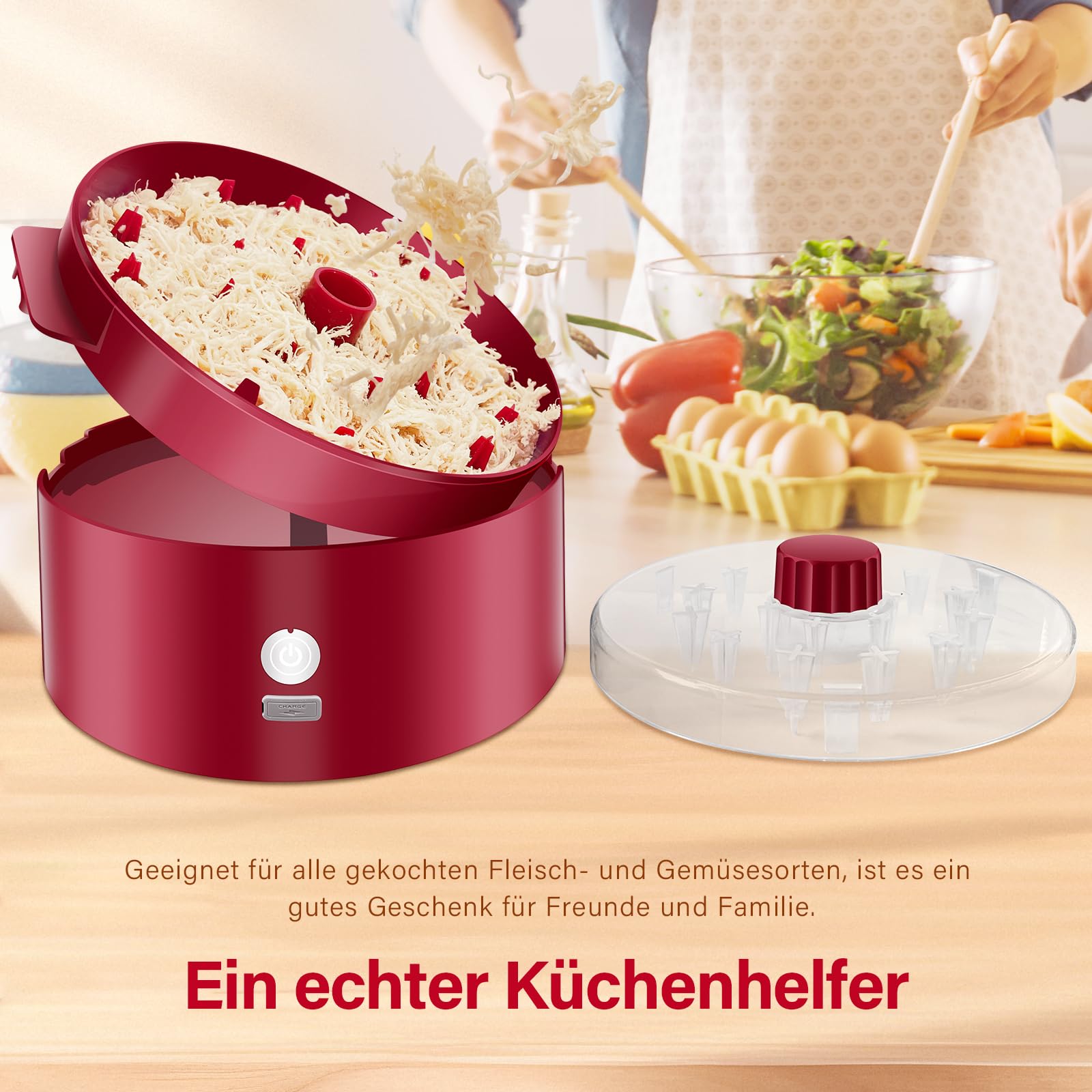 Automatischer Elektrischer Hähnchen-Zerkleinerer|Typ-C Schnellladung & 60min Laufzeit|8"/20CM sichtbare Zerkleinerungskammer mit Bürste/Gabel|BPA-frei spülmaschinenfest|für Meal Prep (Rot)