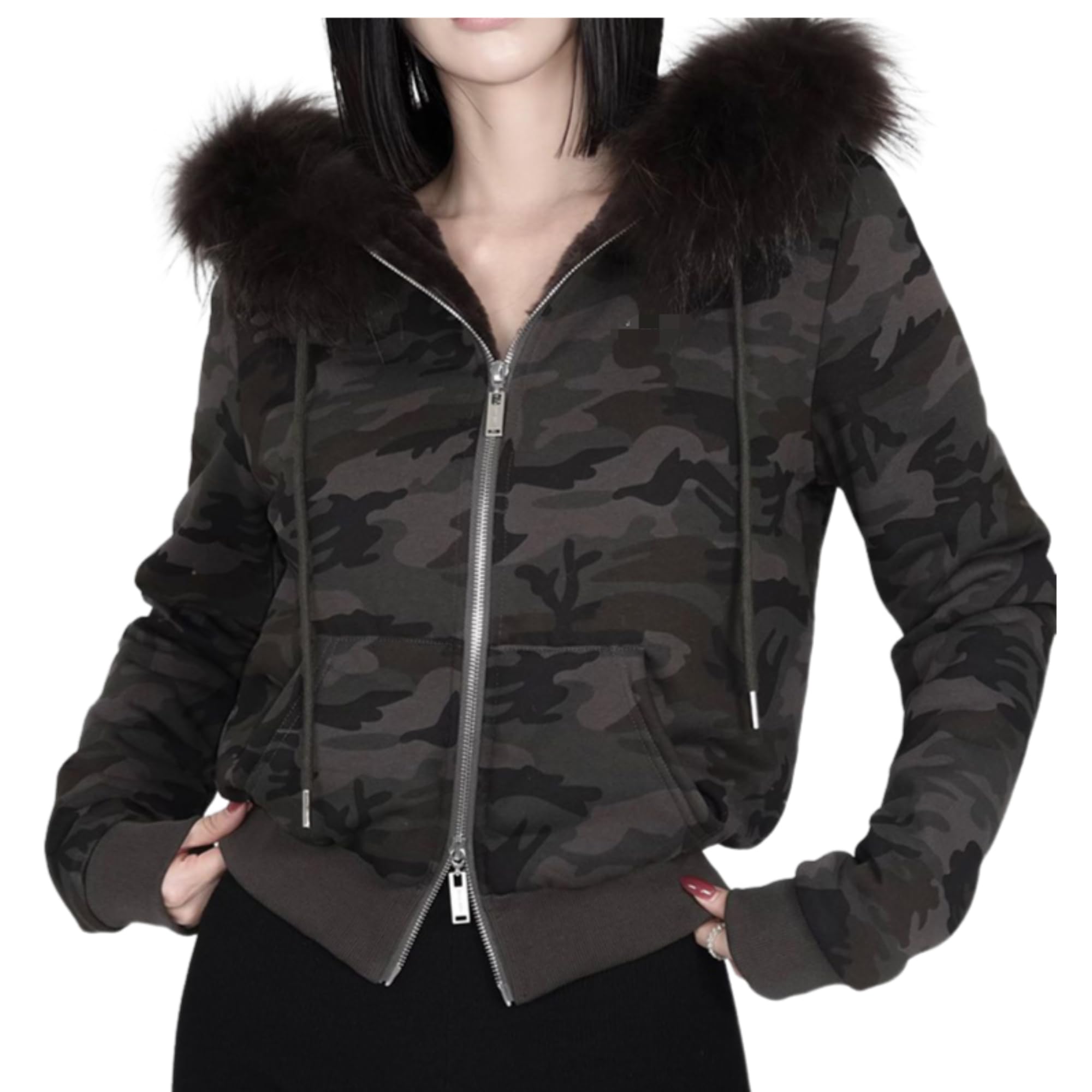 Winter Coats Teen Y2k Zip Up Hoodie Fur Jackets Vintage Streetwear Women Emo Grunge 2000s Clothes Camouflage M