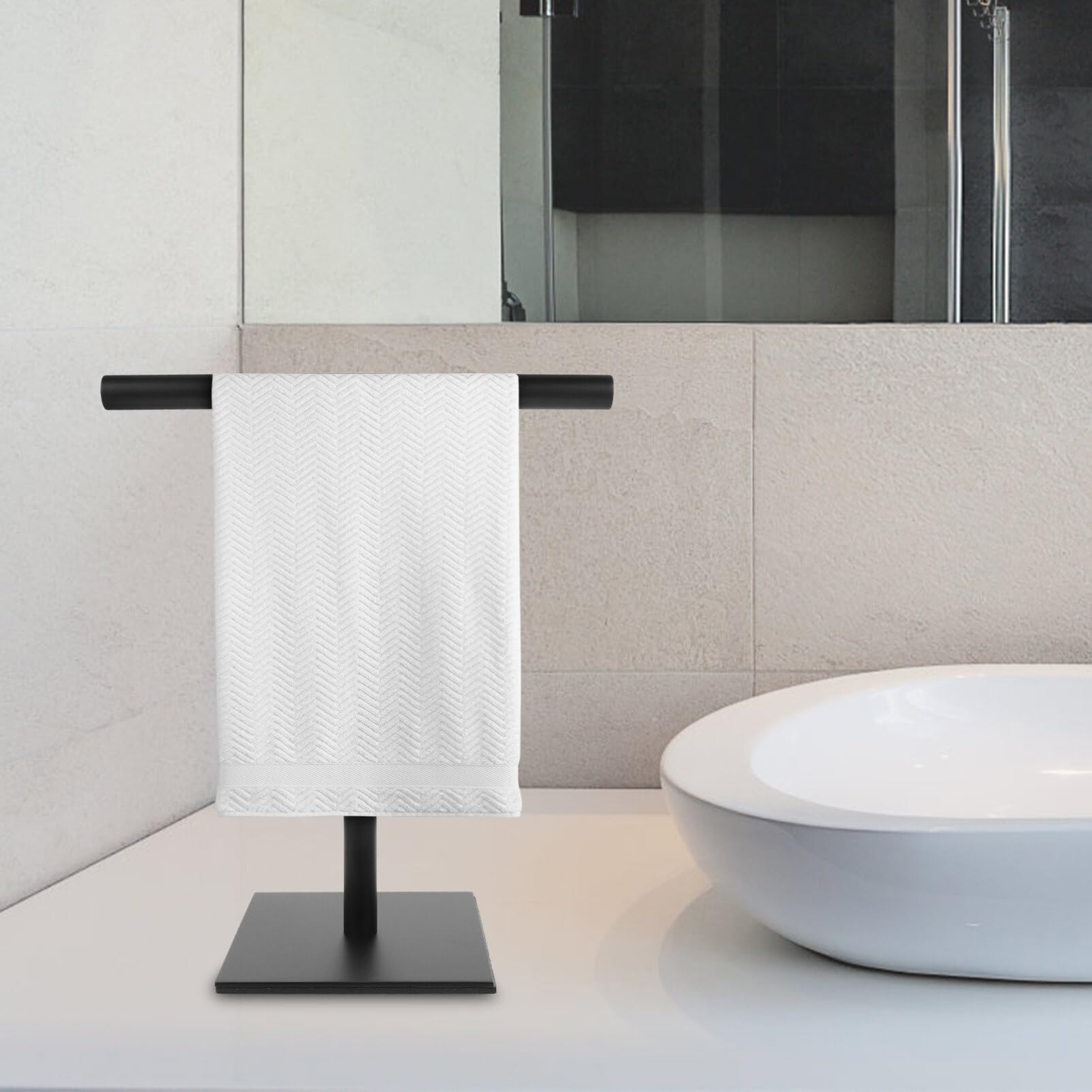 Porta Asciugamani da Terra a T in Acciaio Inox Nero, 1 Pz | Struttura Verticale Autoportante Base, per Riporre Teli di Varie Misure senza Forare Piano