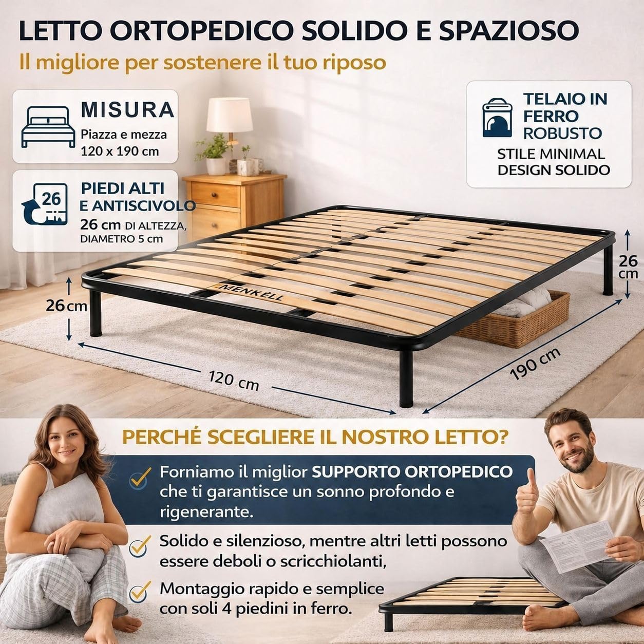 Rete Una Piazza e Mezza 120x190 Ortopedica - con Piedi Antiscivolo 26cm - Rinforzata, con Telaio in Ferro - Per Tutti i Tipi di Materassi, Supporta Fino a 200kg (1 Piazza e 1/2)