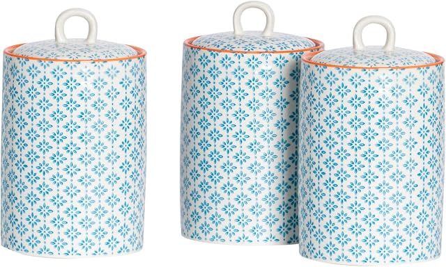 Nicola Spring Patterned Porcelain Tea/Coffee/Sugar Canisters - Blue/Orange Print Design - Pack Of 3