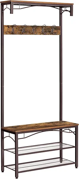 VASAGLE Coat Rack, 3-in-1 Hall Tree, Entryway Shoe Bench Coat Stand, Storage Shelves Accent Furniture Steel Frame Large Size, Industrial, Rustic Brown and Bronze UHSR45AX
