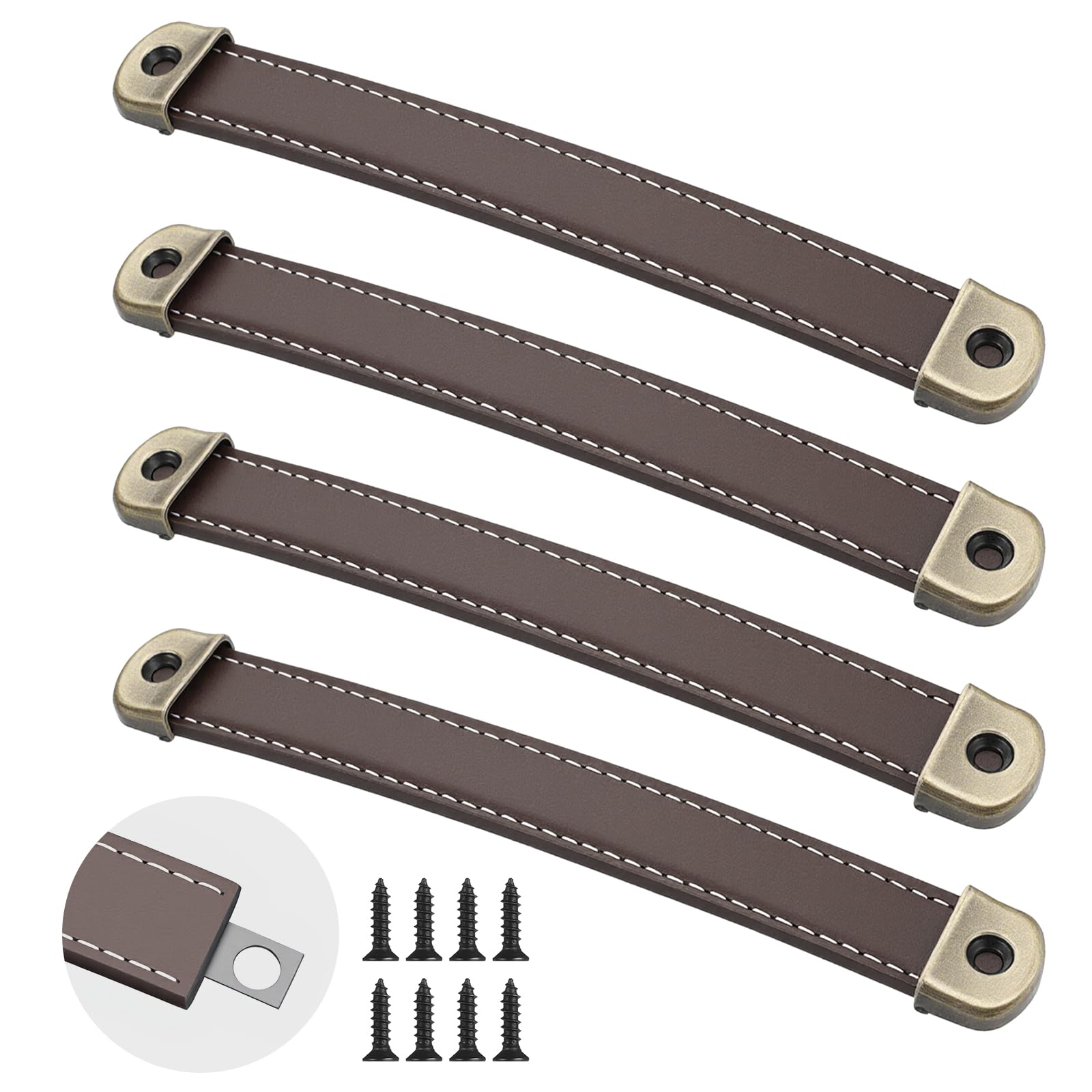 Classicseali 4 Pcs Leather Handles,Leather Door Handles, Luggage Handle Replacement, Suitcase Brown Luggage Pulls for Cabinets, Trunk Handle with Screws